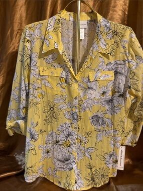 Alfred Dunner Yellow Floral Button-Up Top